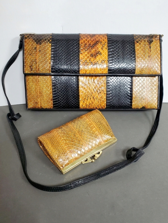 Vintage Handbags - Vintage Snakeskin Colour Block Evening Purse Bag & Wallet